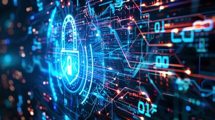 Obraz premium Dramatic Cybersecurity Network Display: High-Tech Interface with Copy Space