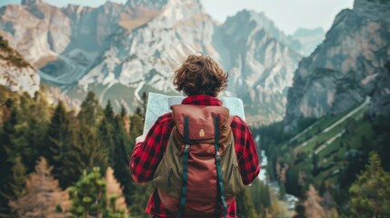 Backpacker looking at a scenic mountain view with a map in hand