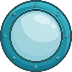 Cartoon style illustration of a round porthole showing a clear blue ocean view