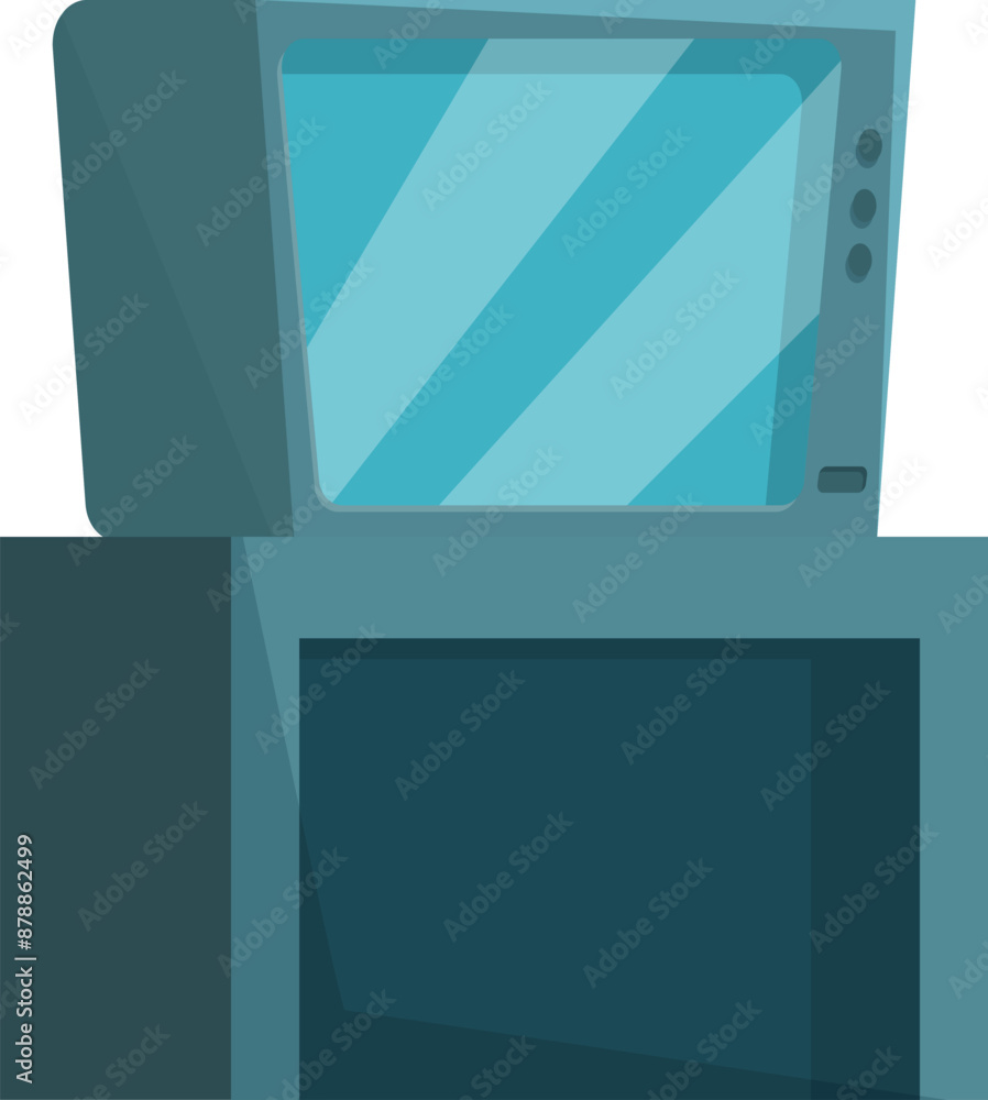 Poster old computer monitor displaying blue screen sitting on top of desktop computer tower