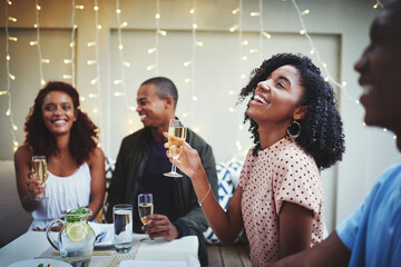 Friends, champagne and people laugh at party with celebration and event from engagement...