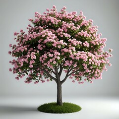 Obraz premium Blooming pink tree with green leaves and grass on a white background.