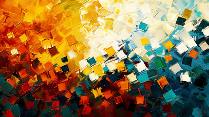 abstract mosaic background with dynamic colorful paint strokes, with a focus on the texture and depth of the paint, showing vibrant rainbow colored variations from blue to green, red, and yellow