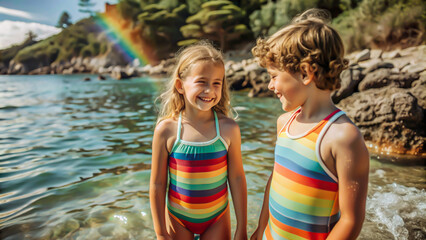 Happy Children Playing in the Sea.
