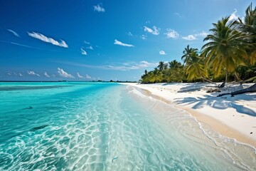 Fototapeta premium Panorama of a beautiful white sand beach and turquoise water in Maldives. Holiday summer beach background.. Wave of the sea on the sand beach. F