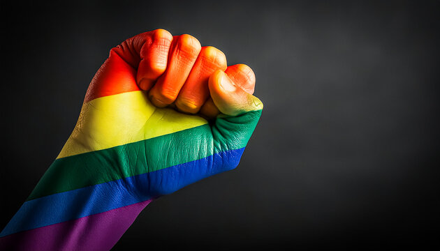 PUNHO  PINTADO COM AS CORES DO ARCO &Iacute;RIS REPRESENTANDO A LUTA E O ORGULHO DA PESSOA LGBTQIA+