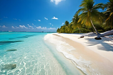 Panorama of a beautiful white sand beach and turquoise water in Maldives. Holiday summer beach background - generative ai 