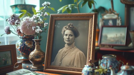 Gold Frame with Vintage Portrait on Desk Copy Space