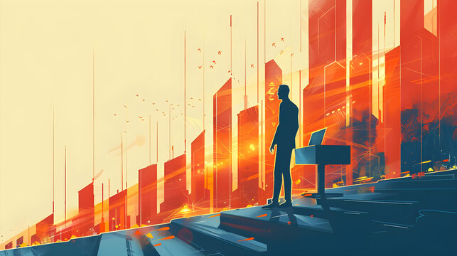 Conceptual illustration of an upcoming business showing a businessman against a vibrant, futuristic cityscape at sunrise. Ideal for business, success, and motivational themes with copy space.