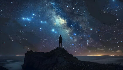 A man stands on a hill, gazing at the starry night sky filled with the Milky Way. Ideal for themes of solitude, wonder, and the natural beauty of the cosmos. Copy space included.