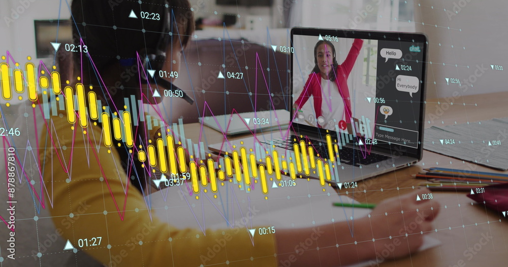 Poster image of graphs and changing numbers over diverse female students studying on image call