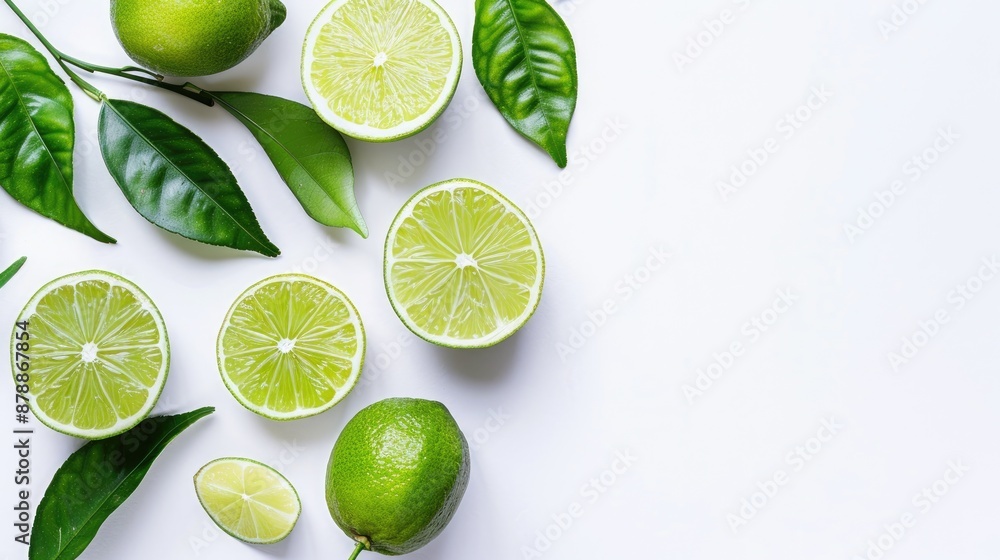 Aufkleber sliced lime with leaves on white background space for text top down view