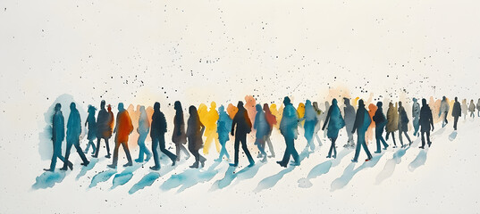Watercolor painting of a diverse crowd walking, featuring silhouettes and shadows with blue, orange, and yellow hues. Ideal for social themes and artistic designs with copy space.