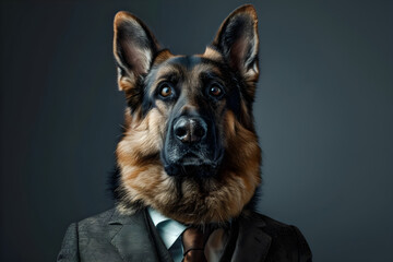 Anthropomorphic German shepherd dog dressed in a suit like a businessman, business concept, humanized animal, dark background, creative and humorous portrait perfect for business-themed use.