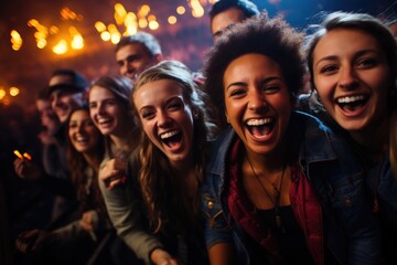 Concert energy: people at music concert, cheering crowd, electrifying atmosphere as fans unite, immerse in live music experience, celebrate their favorite artists with enthusiastic cheers, applause