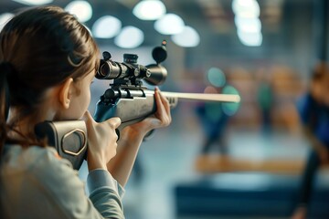 Determined female competitive shooter taking aim with her rifle, skilled woman shooter targeting bullseye