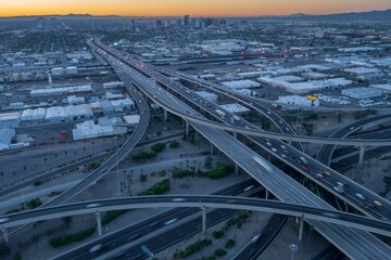 Interstate Freeway junction and rush hour traffic at sunrise. Maryvale, Phoenix, Arizona, United...