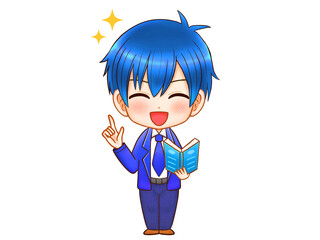 指さしして説明する制服姿の男子高校生のちびキャライラスト素材2