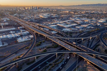 Interstate Freeway junction and rush hour traffic at sunrise. Maryvale, Phoenix, Arizona, United...