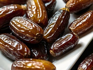 dates close up. date palm background. Date palm on a traditional craftsman market.Horizontal image.	