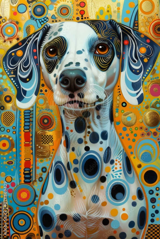 Poster vibrant abstract artwork of a dalmatian dog with intricate geometric patterns and vivid colors, perf