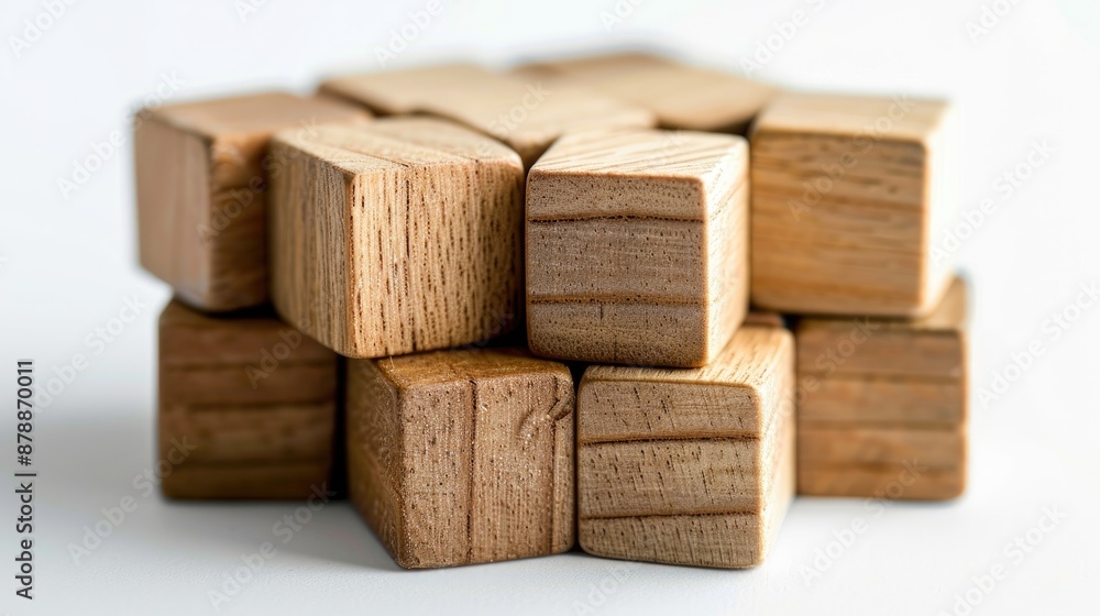 Poster wooden cube puzzle blocks on white background close up shot with blurred effect and empty space