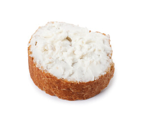 Delicious fresh ricotta (cream cheese) on piece of bread isolated on white
