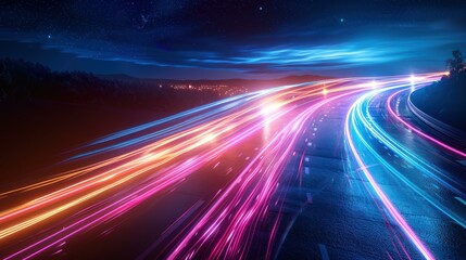 Obraz premium Neon light trails in vivid blue and pink colors creating a dynamic, vibrant visual effect with bokeh lights in the background.
