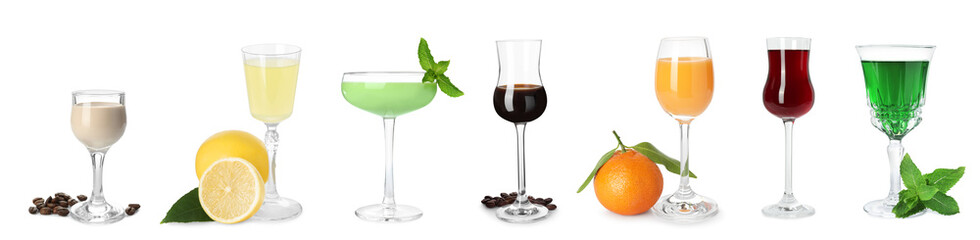 Different tasty liqueurs in glasses on white background, collection