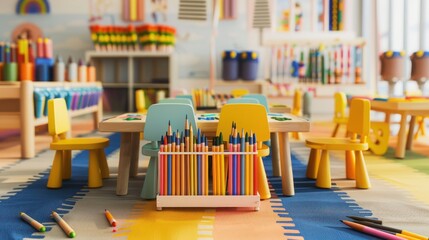 A cheerful classroom setting filled with colorful crayons, pencils, and small chairs neatly...