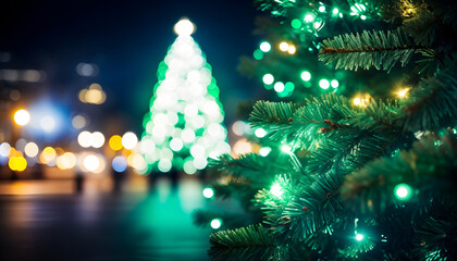 Green light bokeh Christmas copy space text background