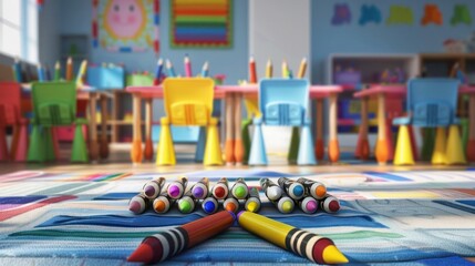 A cheerful classroom setting filled with colorful crayons, pencils, and small chairs neatly...