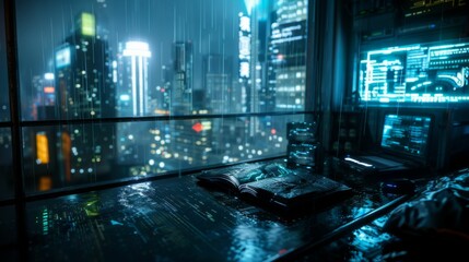 Neon lights and holograms illuminate a bustling futuristic cityscape, where flying vehicles and towering skyscrapers define a cyberpunk aesthetic