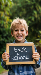 Happy schoolboy with a board written "back to school" , caucasian boy returning to school