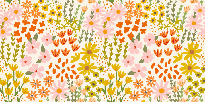 Seamless pattern with little wild meadow flowers and leaves. Colorful cute floral summer background. Can be used for wrapping, textile, print, banner, brochure, label, greeting card