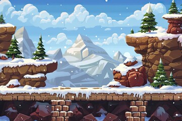 Snowy mountain landscape with snow covered rocks and trees