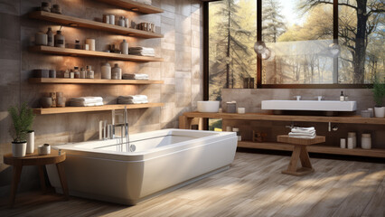 Bathroom with shampoo bottle, towels, bathtub, storage cabinet, etc. Created with generative AI