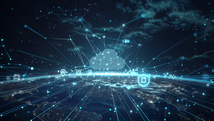 Obraz premium A digital illustration of cloud technology, with glowing blue clouds above the earth's surface connected by lines and data flowing across them. The background is dark to highlight the white elements o