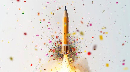 A dynamic scene where a pencil rocket is lifting off with a burst of confetti, set against a clean white background for a celebratory educational theme