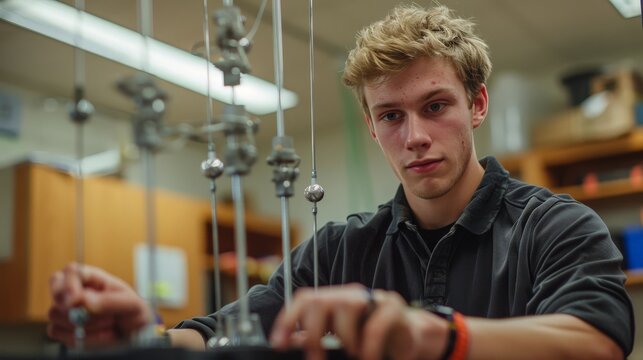 A student conducting a physics experiment with pendulums and weights