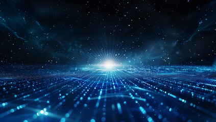 Blue digital technology background with a glowing light in the center, a dark blue color theme, a complex network of lines and connections on the ground, a perspective view of a flat surface with a da