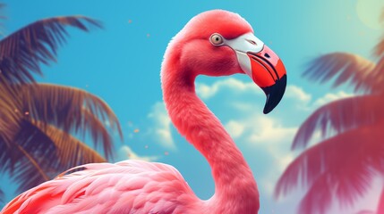 Fototapeta premium A vibrant pink flamingo stands against a tropical background with palm trees and a bright, blue sky with clouds