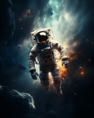 An astronaut floats in space, surrounded by a dramatic backdrop of cosmic clouds and celestial bodies, illuminated by a fiery explosion