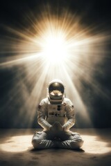An astronaut sits cross-legged in a meditative pose under a bright, radiant light, exuding serenity and introspection
