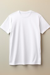 A plain white T-shirt displayed against a beige background. The shirt has a round neckline and short sleeves, appearing simple and clean