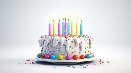 A festive birthday cake with white icing, colorful sprinkles, and gumballs on the base, topped with nine lit candles in various colors