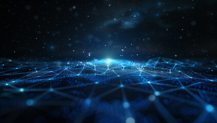 
Blue technology background with light lines and digital connections on a dark blue background. Light dots are connected to form circles on the ground.