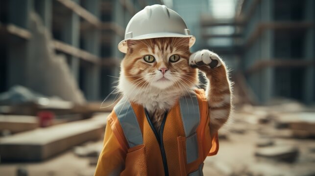 A cute cat dressed in a construction vest and hard hat stands at a building site, raising its paw in a salute