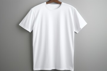 A plain white T-shirt hanging on a wooden hanger against a gray background