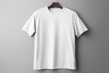 A plain white T-shirt is displayed on a wooden hanger against a grey background, perfect for casual wear or as a blank canvas for custom designs